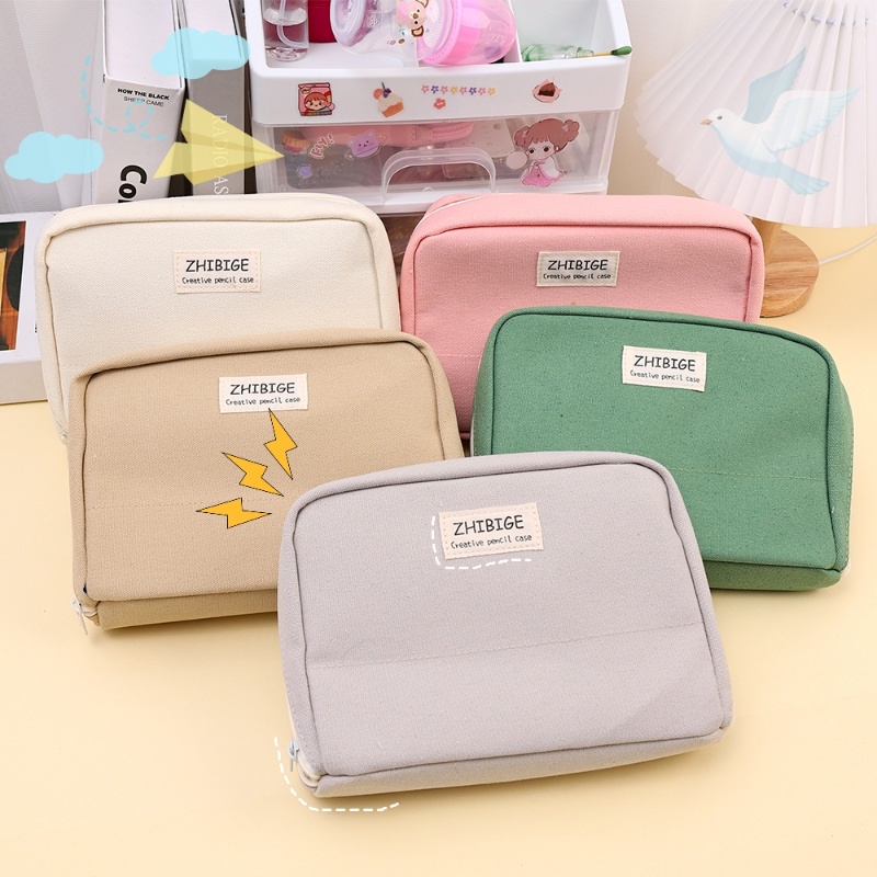 Túi Đựng Bút Bằng Vải Canvas Có Khóa Kéo Sức Chứa Lớn Phổ Biến Phong Cách Hàn Quốc