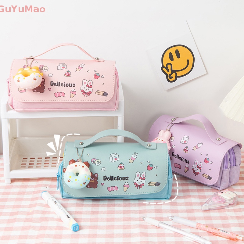 [cxGUYU] Túi Đựng Bút Chì / Mỹ Phẩm Cỡ Lớn Hai Lớp In Hình Mèo Dễ Thương Cho Nữ