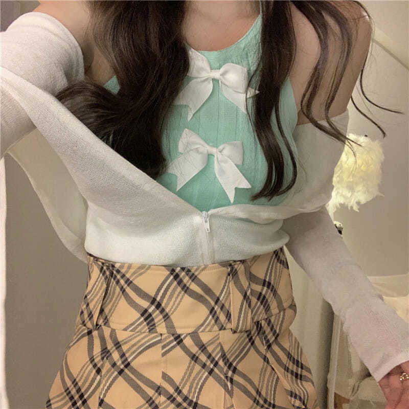 Áo Hai Dây Dệt Kim Ngắn Thắt Nơ Màu Trơn Thời Trang Mùa Hè Hàng Mới Dành Cho Bạn Nữ Mặc Ngoài Trời