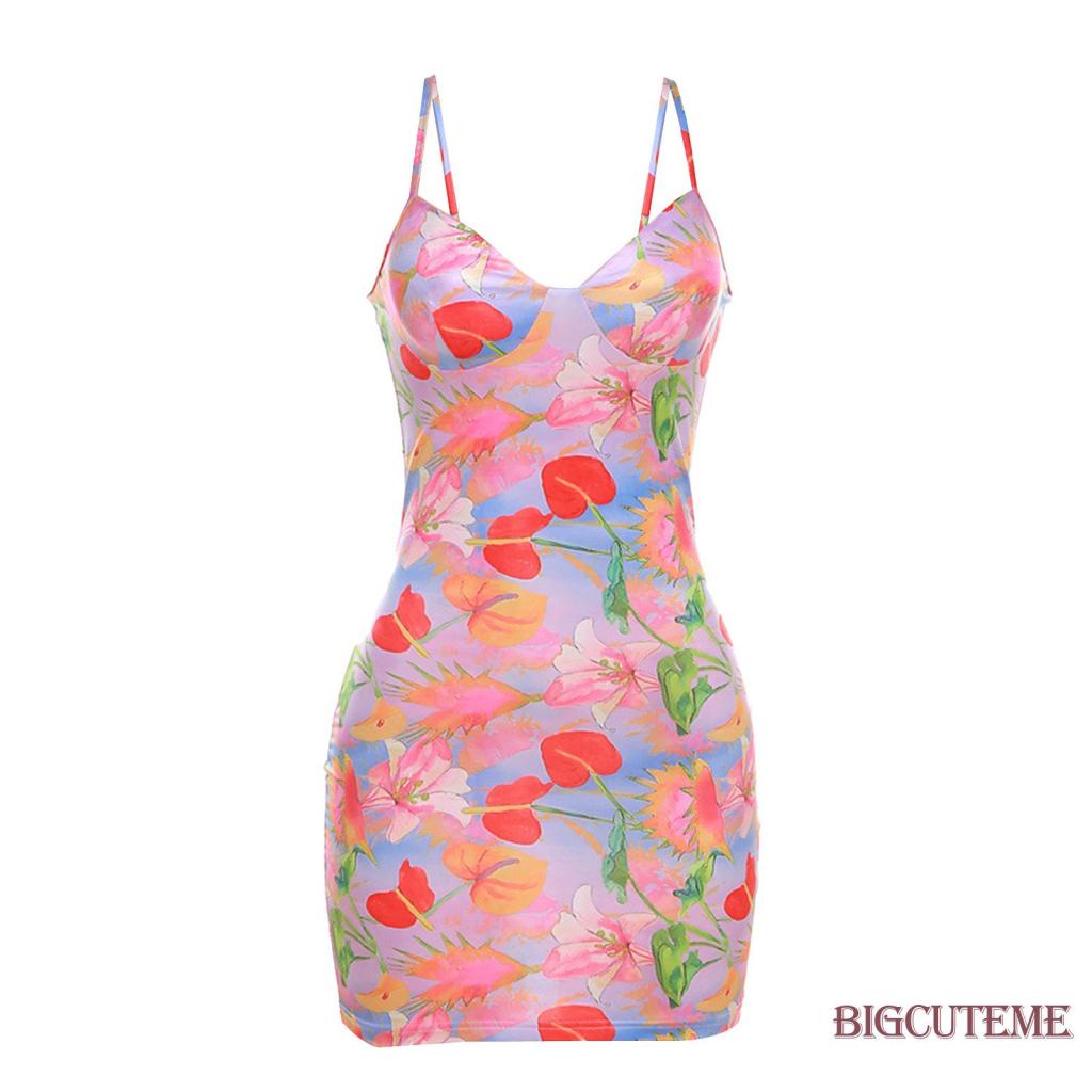 Đầm Hai Dây Cổ Chữ V Họa Tiết Hoa Quyến Rũ Cho Nữ