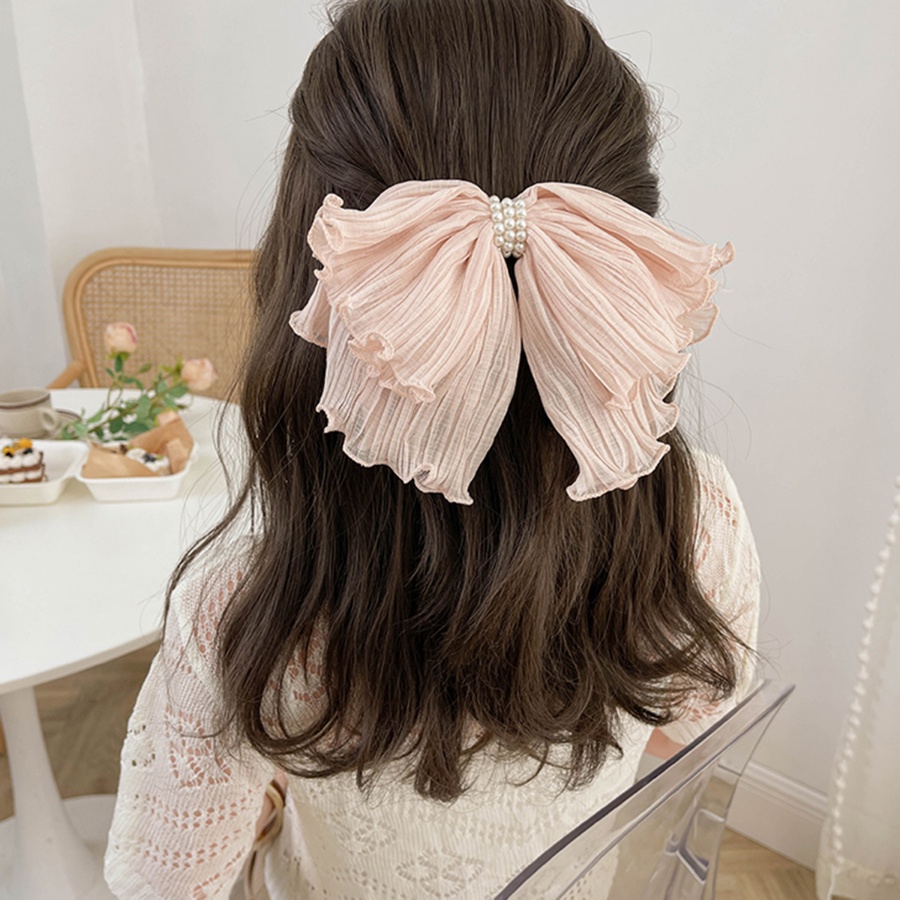 Kẹp Tóc Hình Nơ Lớn Xếp Ly Đính Ngọc Trai Kiểu Hàn Quốc Ngọt Ngào Cho Nữ