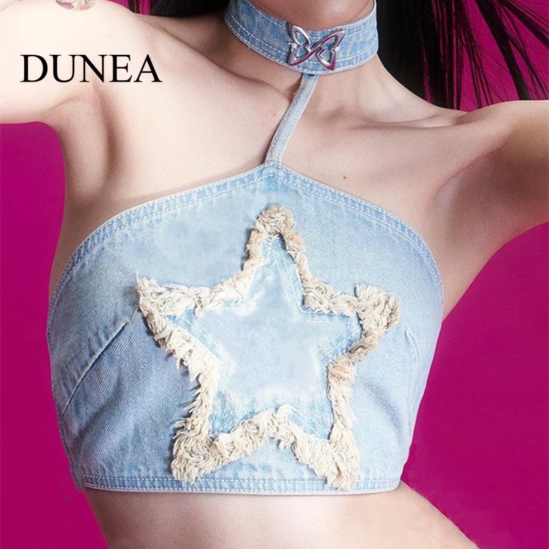DUNEA Áo Yếm Denim Ngắn Trang Trí Hình Bướm Ngôi Sao Năm Cánh Cho Nữ