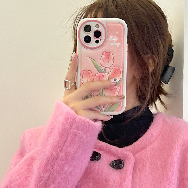Ốp Điện Thoại Da Silicon Mềm Chống Sốc Phối Lỗ Tròn Hình Hoa Tulip Cho iPhone 14 13 12 11 Pro Max 14 Plus