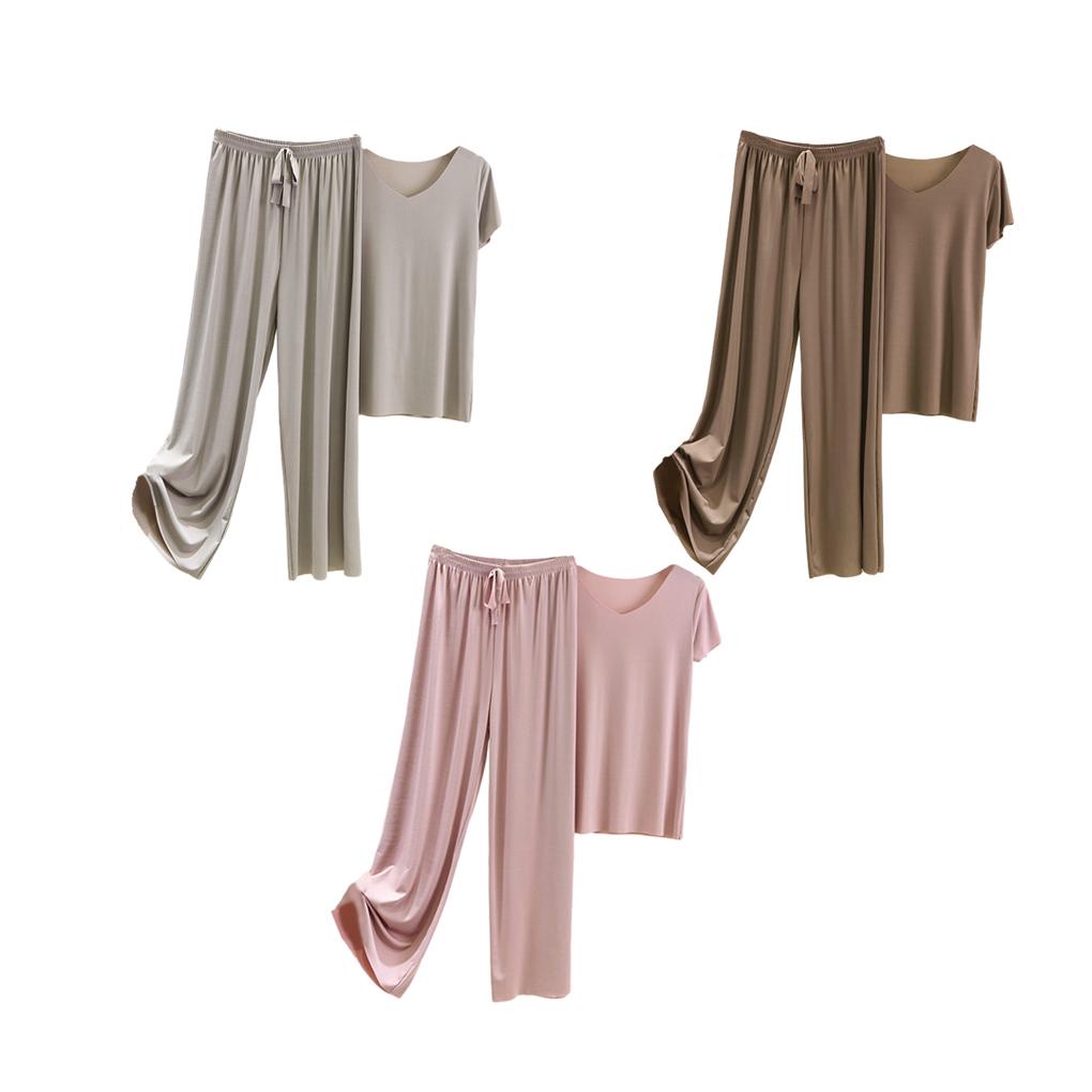Bộ Đồ Ngủ Vải Lụa Lạnh Mềm Mại Cổ V Lưng Thun Thoải Mái Thời Trang Mùa Hè Cho Nữ