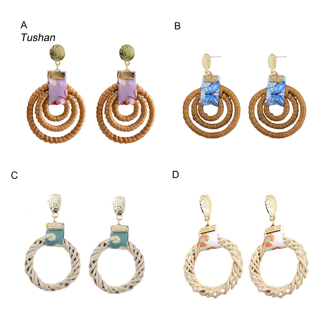 1 Đôi Bông Tai Tròn Họa Tiết Đan Mây Phong Cách Dân Tộc Dành Cho Nữ