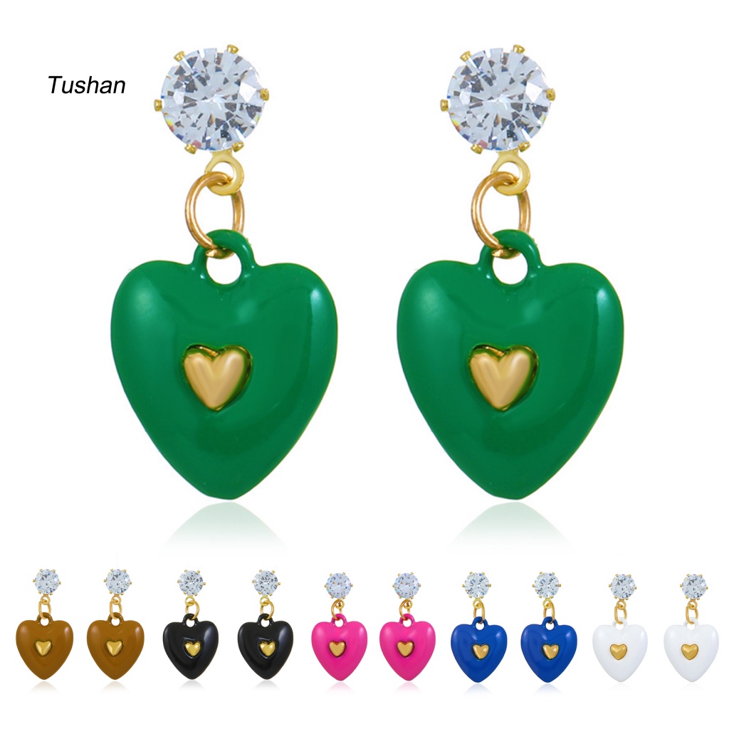 1 Đôi Bông Tai Hình Trái Tim Đính Đá Zircon Màu Sắc Tươi Sáng Dành Cho Nữ