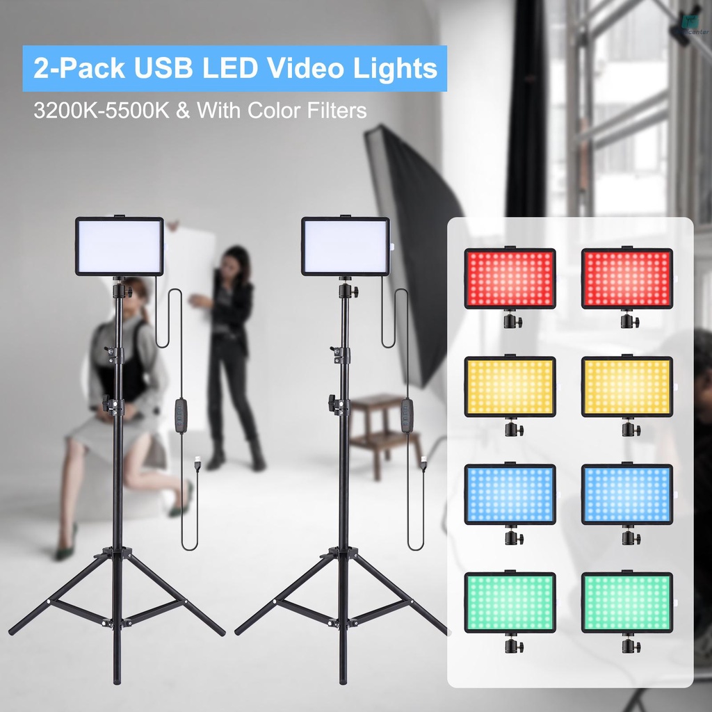 Andoer 2 Pack USB LED Video Lights Kit with 3200K-5500K Fill Lights Dimmable 172cm/67.7in Light Stands Flexible Ballheads Color Filters for Video Conference Lighting Live Streaming Video Recording Pro