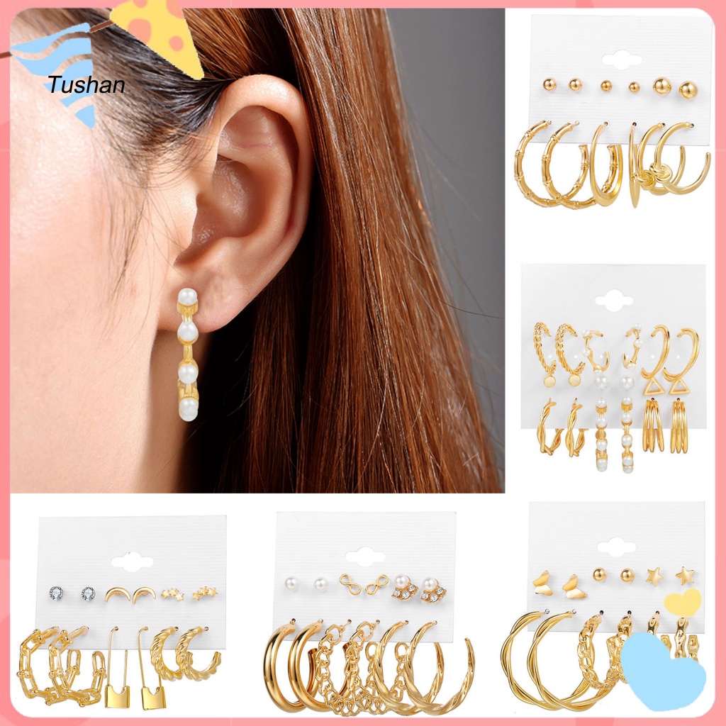 Set 6 Đôi Bông Tai Khoen Tròn Đính Ngọc Trai Giả Thời Trang Cho Nữ