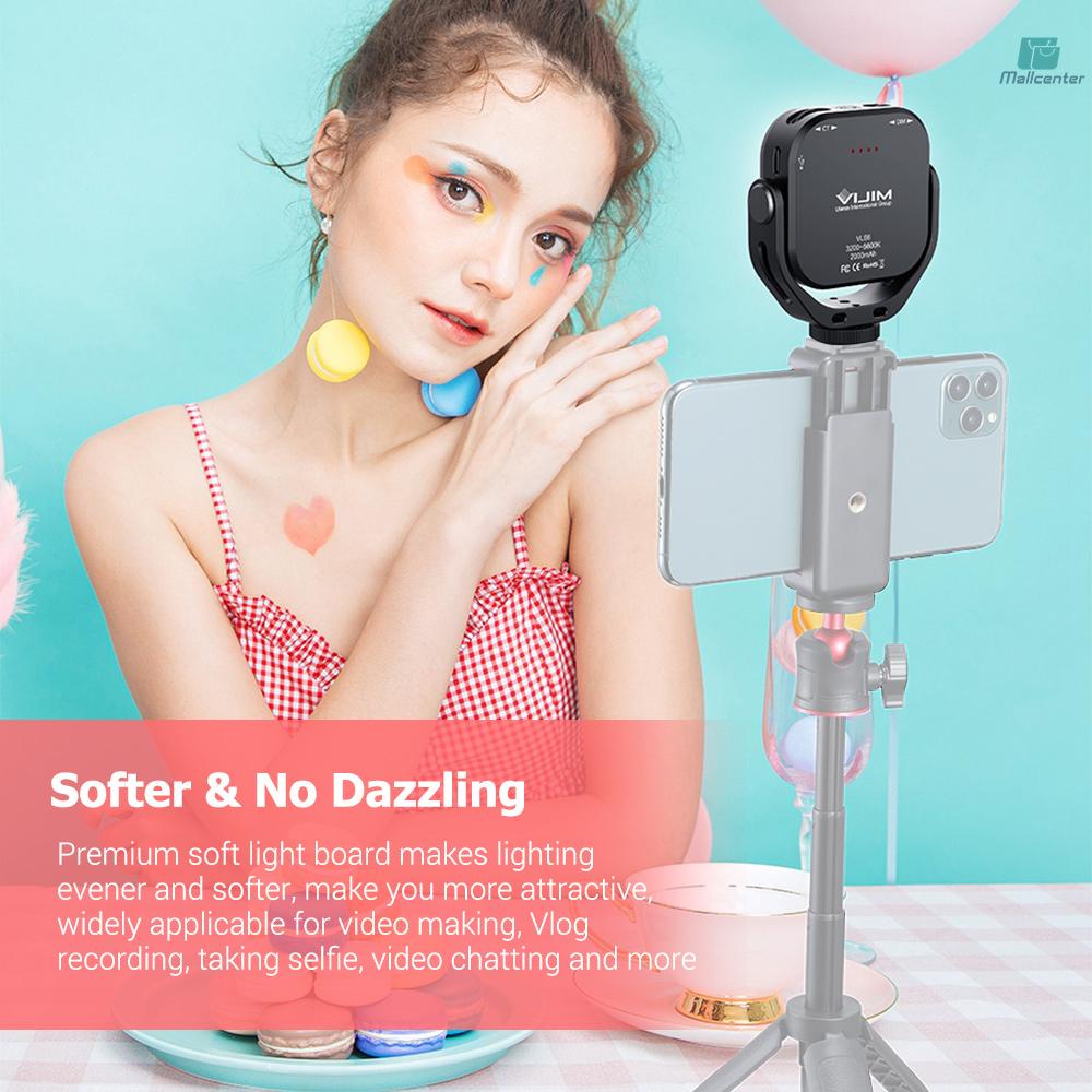 VL66 Mini Video LED Light 6W CRI95 2500K-6500K Stepless Dimmable with Triple Cold Shoe U-shape Stand Built-in Rechargeable 2000mAh Battery