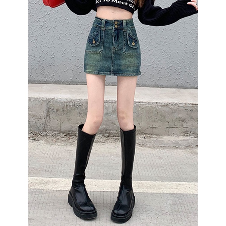 Chân Váy Jeans Chữ A Lưng Cao Phong Cách Retro Cho Nữ