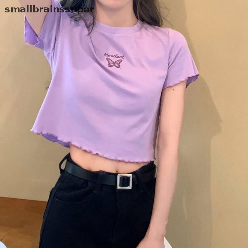 Áo Thun Croptop Ngắn Tay Cổ Tròn Thêu Hình Bướm Xinh Xắn Theo Phong Cách Mùa Hè Dành Cho Nữ