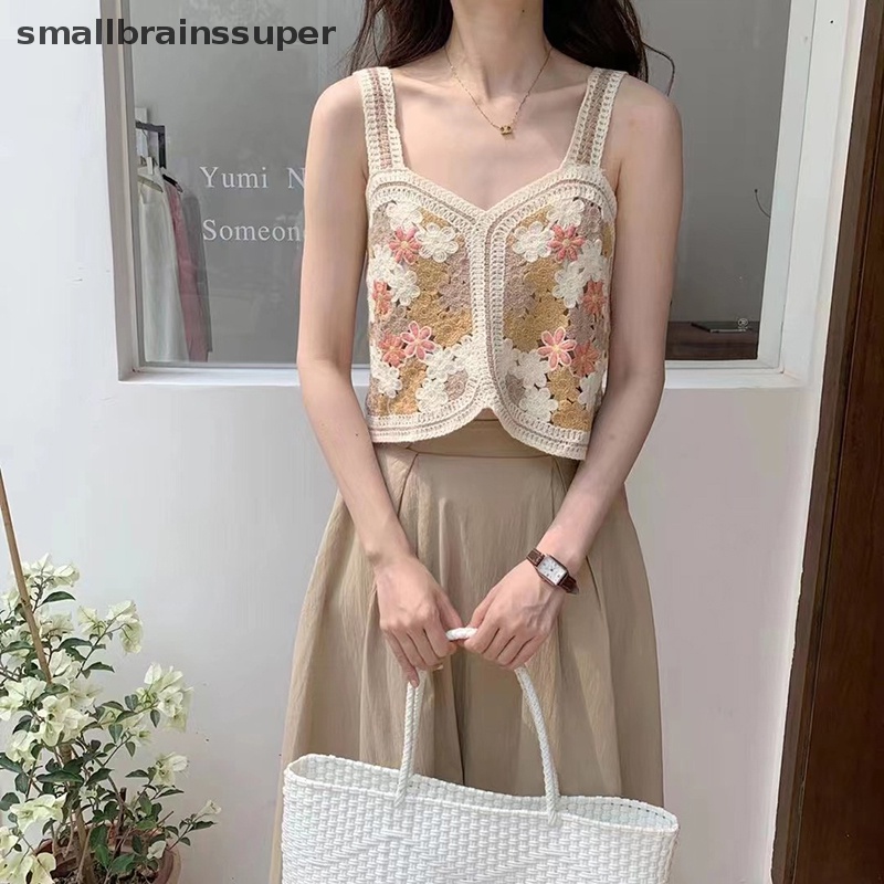 Áo Hai Dây Dệt Kim Thêu Họa Tiết Rỗng Màu Tương Phản Kiểu Vintage Thời Trang Mùa Hè Cho Bạn Gái SBS