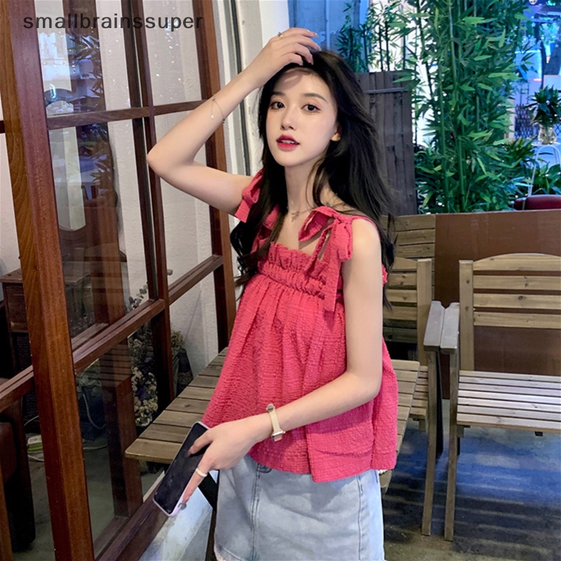 Áo Hai Dây Mùa Hè Dáng Suông Cột Nơ Màu Trơn Có Diềm Xếp Nếp Cho Nữ SBS