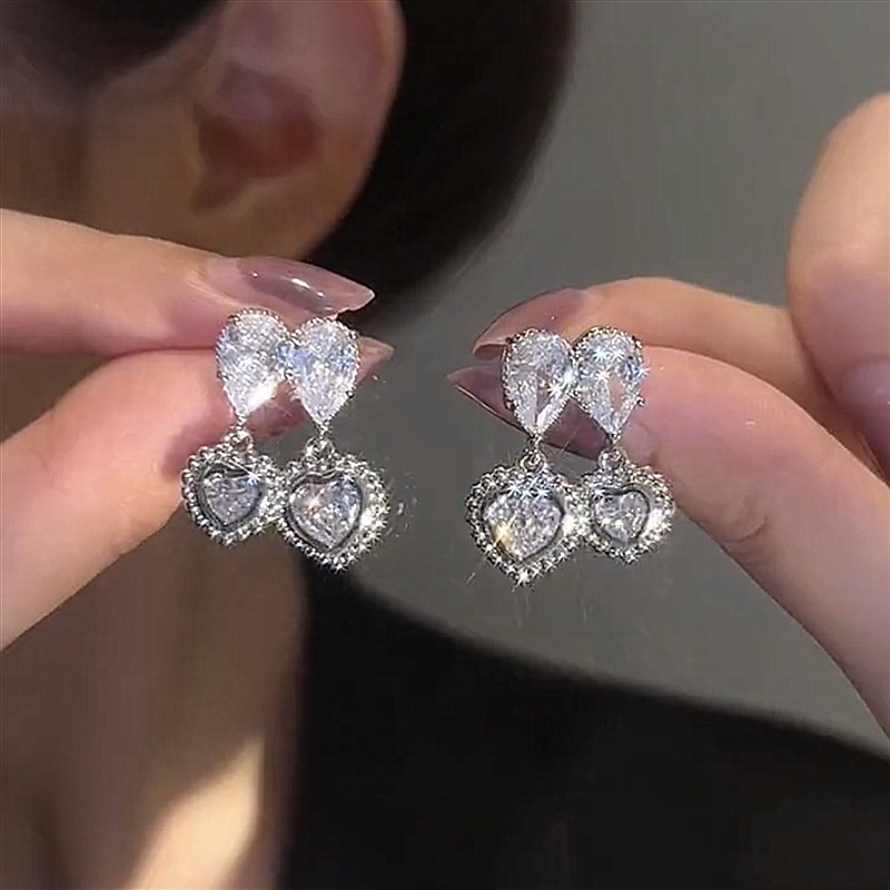 Khuyên Tai Kim Bạc Đính Đá Zircon Hình Trái Tim Đôi Đơn Giản Nhẹ Nhàng Thời Trang Mới Cho Nữ