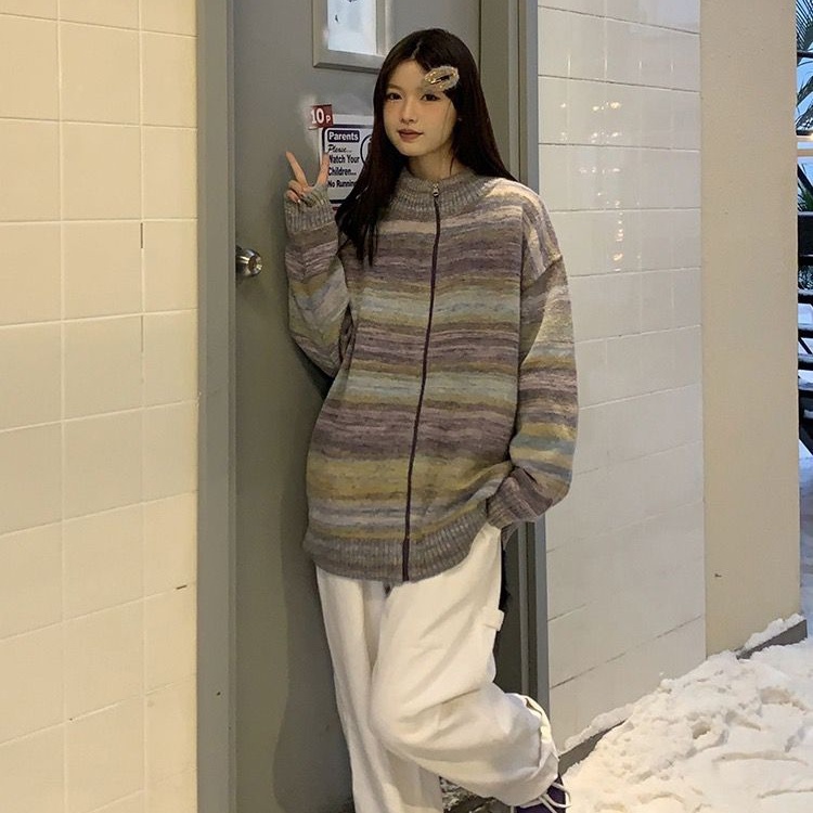 Áo Khoác Cardigan Dệt Kim Dáng Rộng Phối Khoá Kéo Màu Gradient Phong Cách Thời Trang Vintage Mới