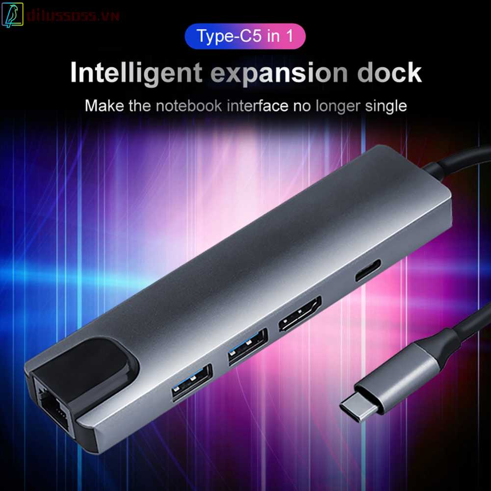 Bộ Chuyển Đổi Thẻ Mạng 5 Trong 1 USB C Sang 4K HDMI USB 3.0 2.0 PD RJ45 Cho Máy Tính