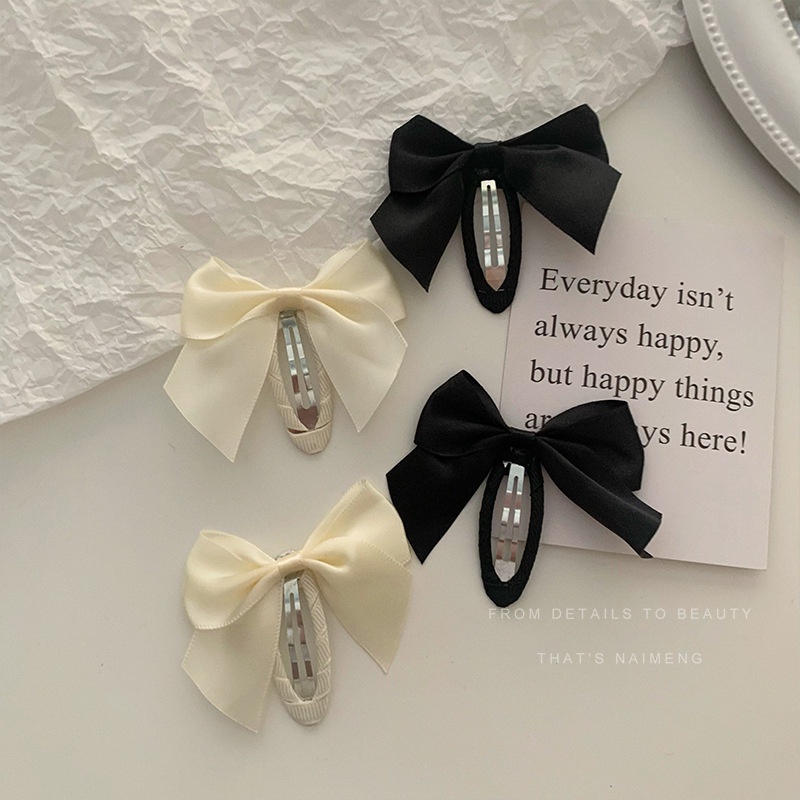 Kẹp Tóc Hình Nơ Màu Trắng Đen Bằng Vải Satin Dễ Thương Cho Bé Gái