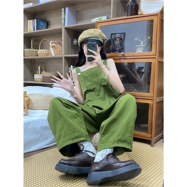 [LININ] Jumpsuit Ống Rộng Lưng Cao Màu Xanh Lá Cây Cổ Điển Nhật Bản Cho Nữ