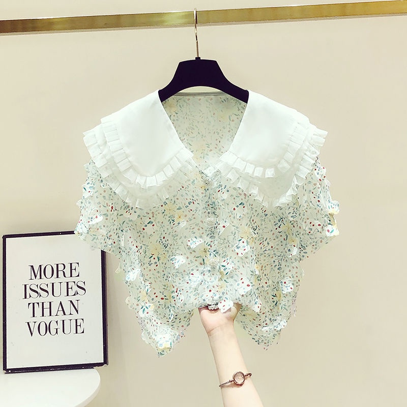 Áo Sơ Mi Chiffon Tay Ngắn Cổ Búp Bê Họa Tiết Hoa Thời Trang Mùa Hè 2023 Cho Bé Gái