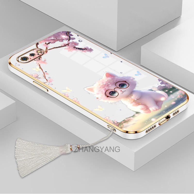 Ốp Điện Thoại TPU Silicon Mềm Mạ Viền Hình Mèo Có Dây Đeo Tua Rua Cho Realme c2 Realme c2