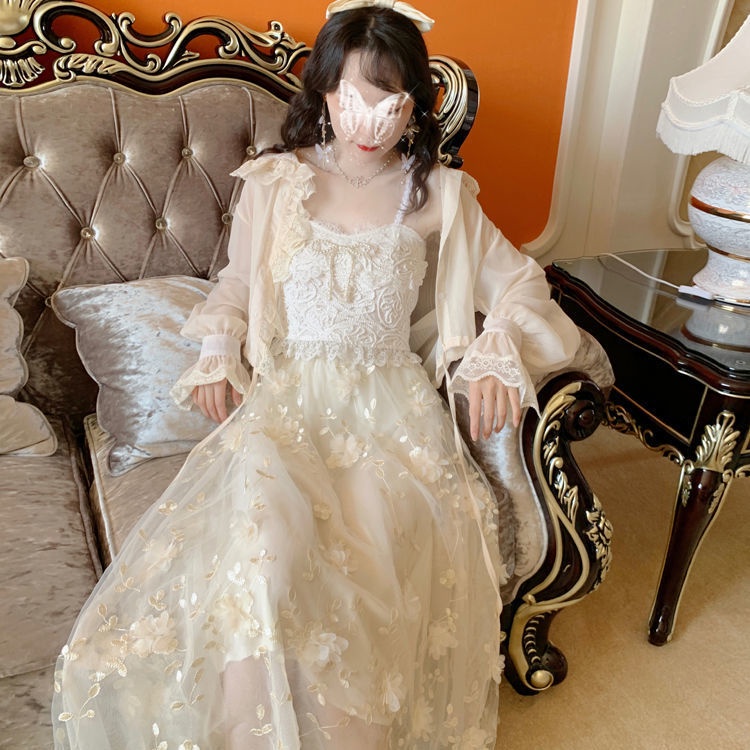 Mới Set Áo Váy Lưới Ba Chiều Eo Cao Vừa Phải + Dây Buộc Nơ Ngọc Trai + Áo Khoác Cardigan