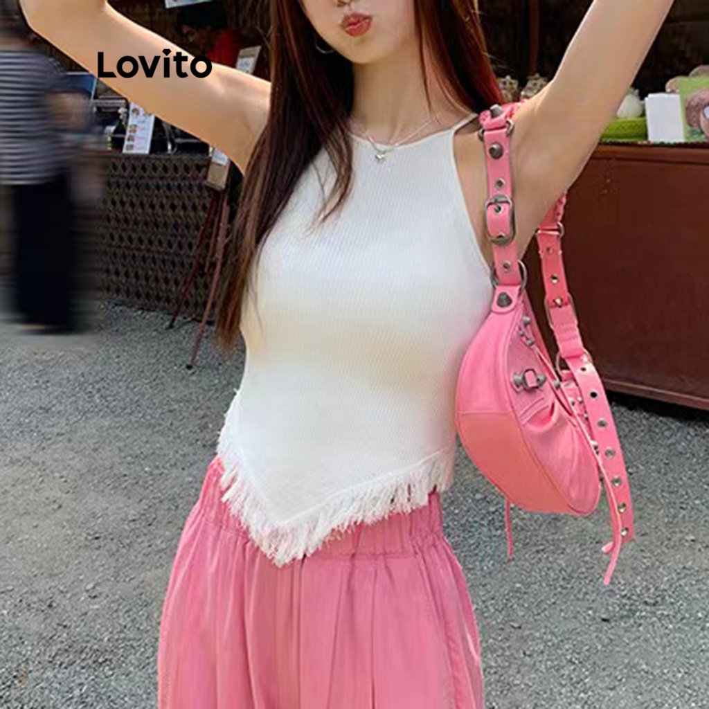 Lovito Áo dệt kim cổ thuyền trơn không đối xứng có tua rua đơn giản dành cho nữ LNA12049 (Trắng đen)