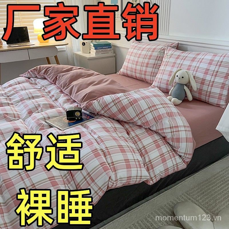 Bộ Chăn Ga Và Vỏ Gối Cotton Họa Tiết Ca Rô Xinh Xắn Theo Phong Cách Hàn Quốc