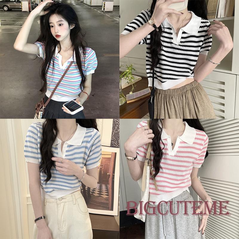 Áo Thun Tay Ngắn Họa Tiết Kẻ Sọc Đơn Giản Phong Cách Đường Phố Thời Trang Mùa Hè Cho Nữ