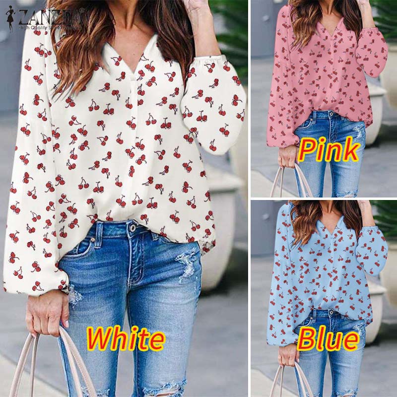 Zanzea Áo Sơ Mi Nữ Dài Tay Cổ Chữ V In Họa Tiết Quả Cherry Xinh Xắn