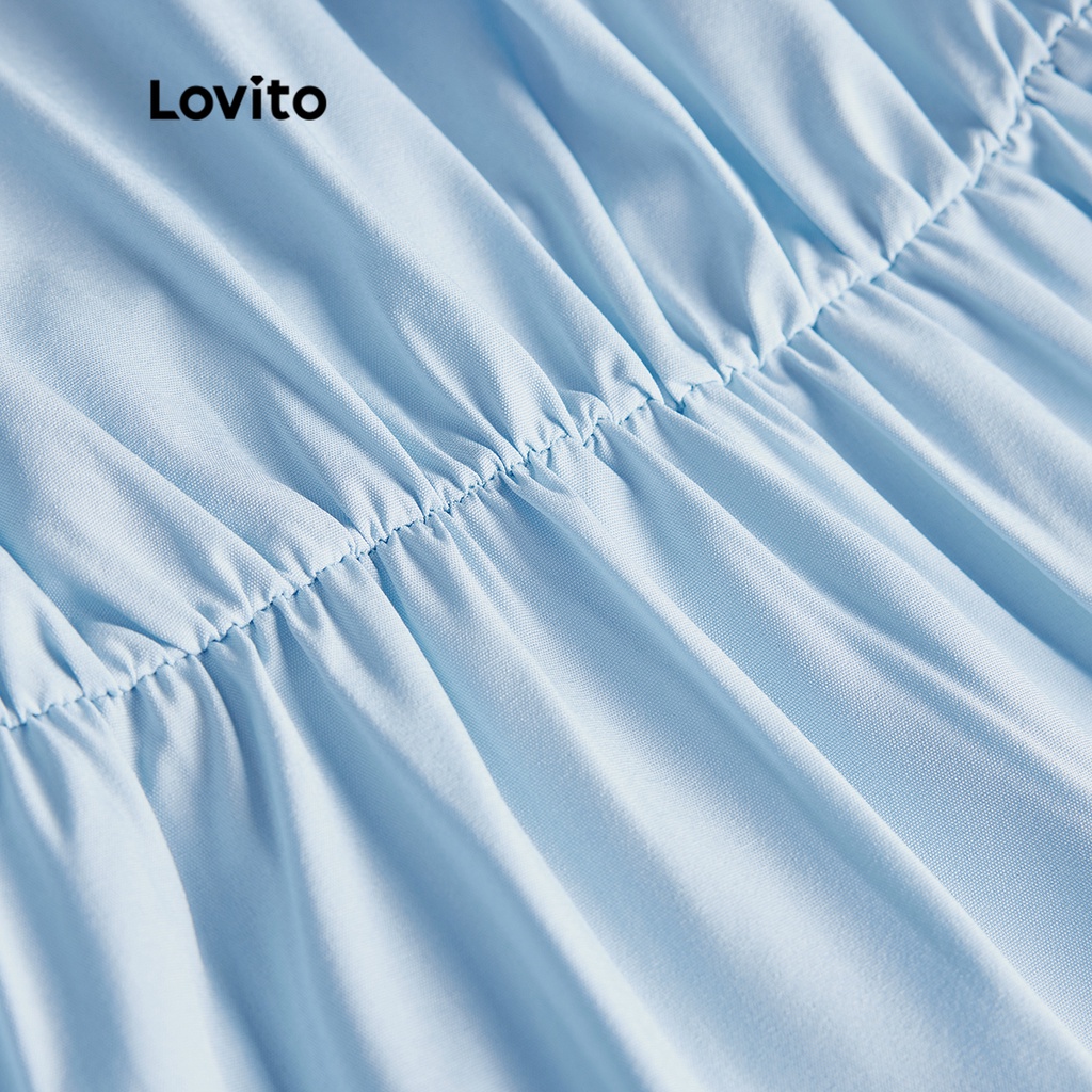 Đầm xòe Lovito phối viền cổ nhún bèo màu trơn thường ngày cho nữ L49ED120 (màu xanh dương nhạt)