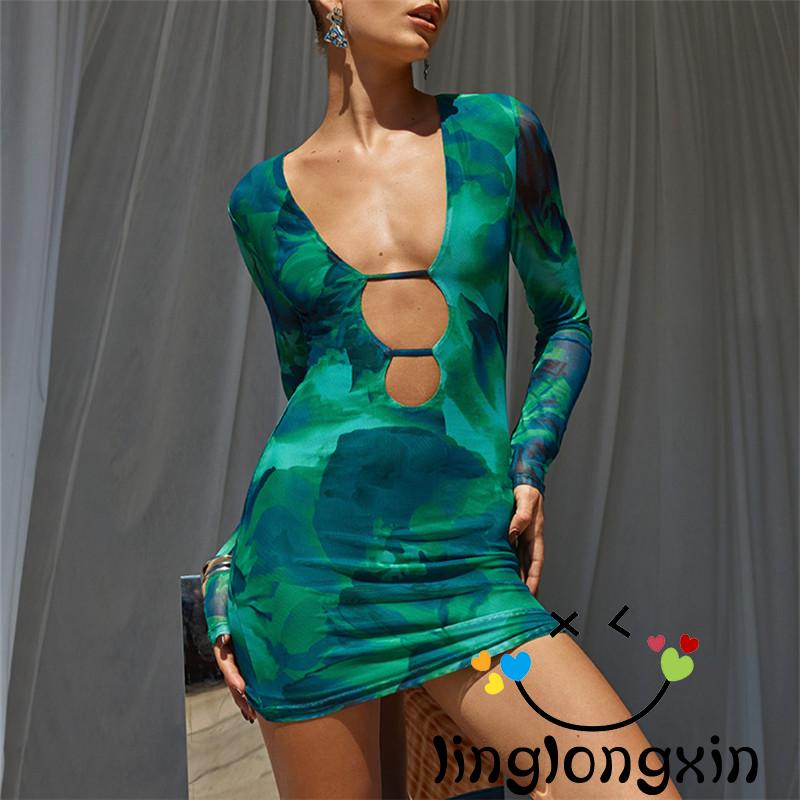 Đầm Ôm Dài Tay In Họa Tiết Màu Nhuộm Cổ Khoét Sâu Linglongxi2 Dành Cho Nữ