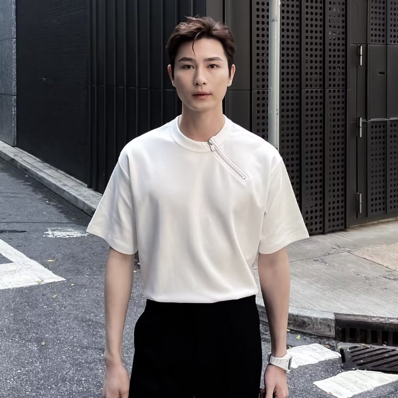 Áo Thun Tay Lỡ Rắn màu Stretch ngắn tay áo Cổ Tròn Thời Trang Thiết kế mới Zipper vòng cổ áo thun Mùa Hè Mới Dành Cho Nam