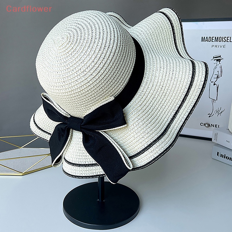 < Cardflower > Mũ Cói Che Nắng Đi Biển Mùa Hè Phối Nơ Gợn Sóng Đôi Thời Trang Mới