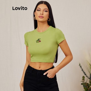 Áo thun ôm Lovito cổ tròn thêu hình khủng long hoạt hình phong cách hằng ngày L18D129 ( Màu xanh lá)