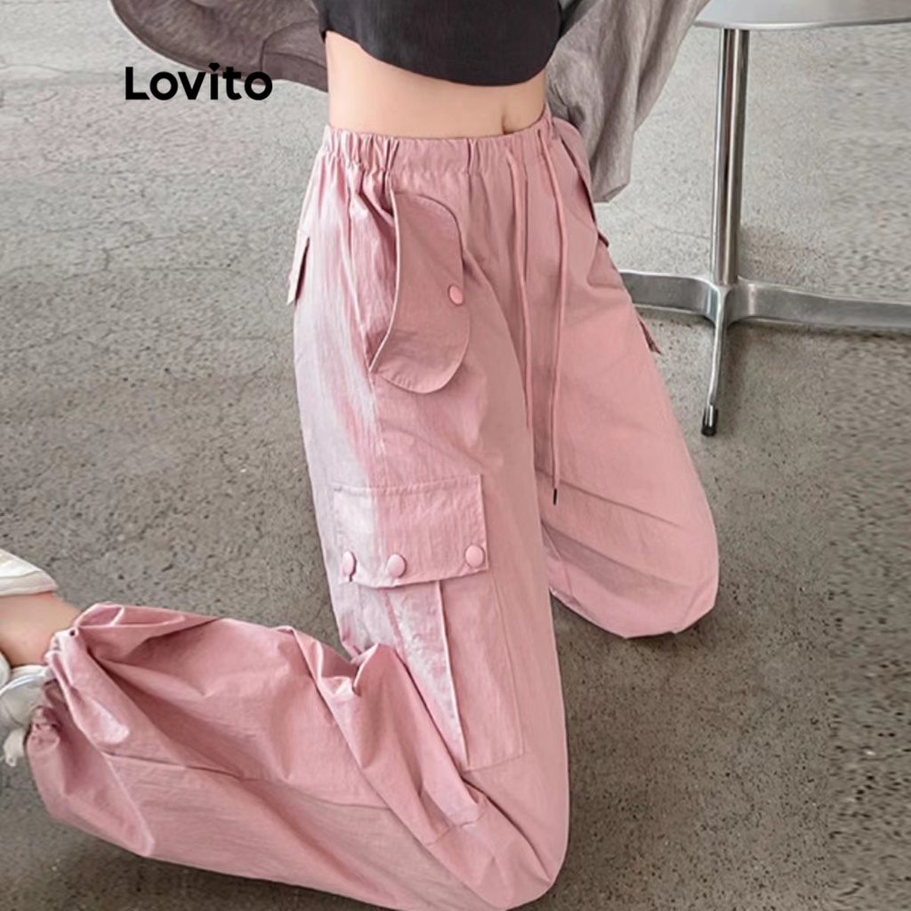 Lovito Quần lưng thun trơn giản dị có túi cho nữ LNE12035 (Màu hồng nhạt)