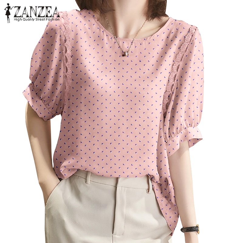 ZANZEA Áo Kiểu Tay Lửng Phối Ren Họa Tiết Chấm Bi Thời Trang Hàn Quốc Cho Nữ