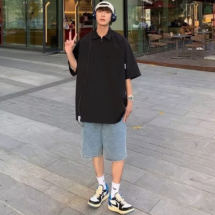 Áo Thun Polo Tay Ngắn Dáng Rộng Màu Trơn Thời Trang Mùa Hè Hàn Quốc Cho Nam