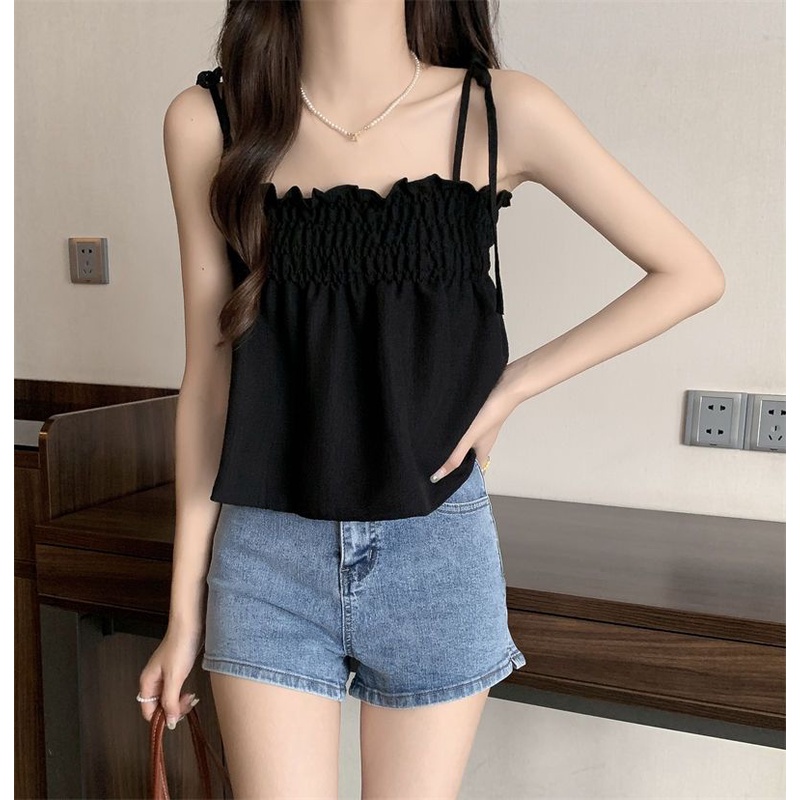 Áo Hai Dây Mùa Hè Màu Đen Phong Cách Pháp Độc Đáo Cho Nữ