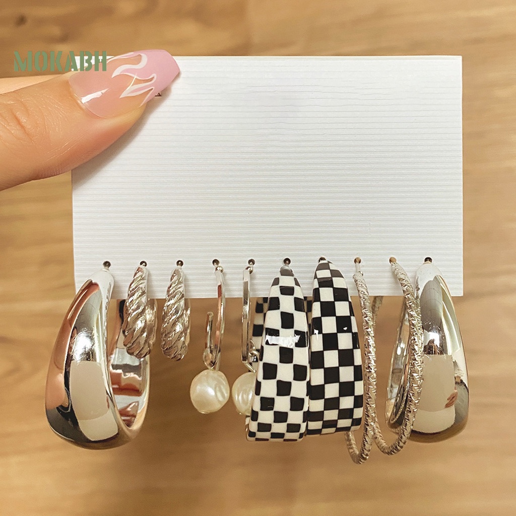 Set 5 Đôi Bông Tai Dạng Vòng Hình Học Họa Tiết Bướm / Trái Tim / Ngọc Trai Giả Màu Trắng Đen Thời Trang Cho Nữ