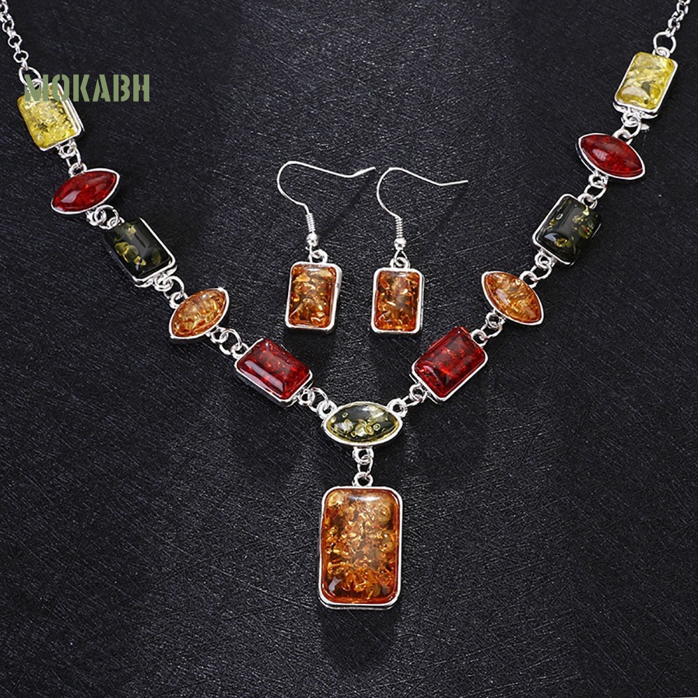 Bộ Vòng cổ + Bông Tai Đính Đá Hổ Phách Hình Vuông / Oval Phong Cách Châu Phi Thời Trang Cho Nữ