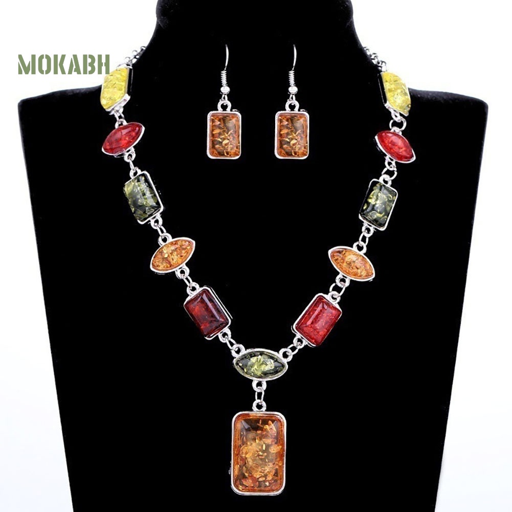 Bộ Vòng cổ + Bông Tai Đính Đá Hổ Phách Hình Vuông / Oval Phong Cách Châu Phi Thời Trang Cho Nữ