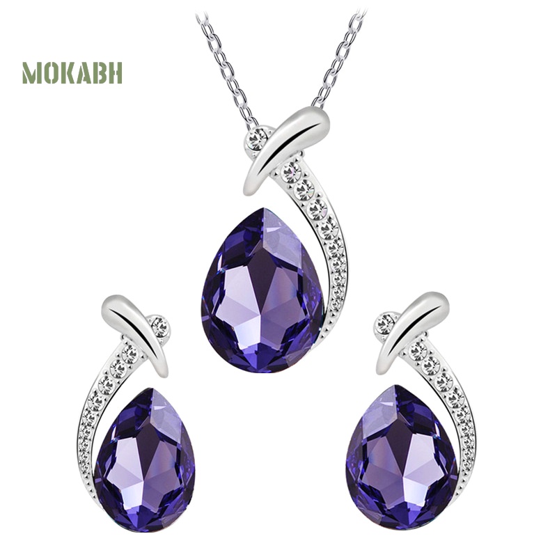 Bộ Trang Sức Vòng cổ + Bông Tai Đính Pha Lê Giả Hình Giọt Nước Thời Trang Cho Nữ