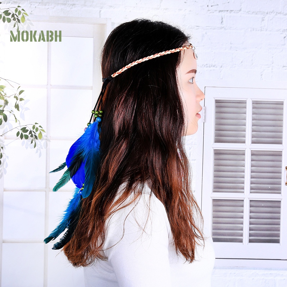 Băng Đô Bện Dây Đính Lông Công Phong Cách Bohemian Cho Nữ