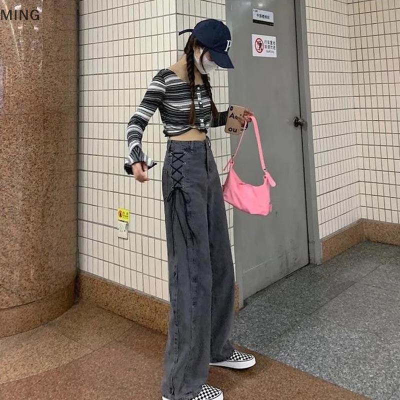 Quần Jeans Dài Lưng Cao Ống Rộng Phong Cách Thời Trang Hàn Quốc Dành Cho Nữ