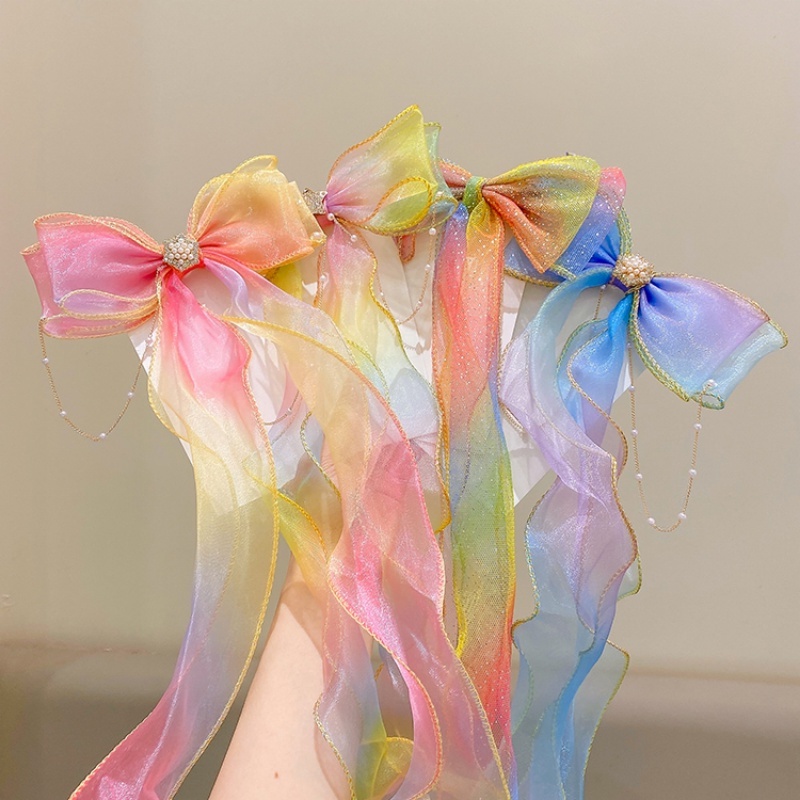 Kẹp Tóc Nơ Ruy Băng Đính Ngọc Trai Kiểu Hán Phục Dễ Thương Cho Bé