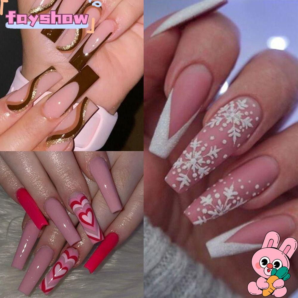 Bộ 24 Móng Tay Giả Che Phủ Toàn Diện Họa Tiết Hoa Tuyết / Trái Tim Có Thể Tháo Rời