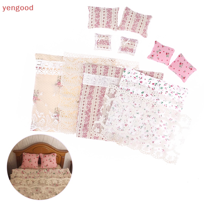 1 Bộ Chăn Ga Và Vỏ Gối Phối Ren Xinh Xắn Cho Nhà Búp Bê Tỉ Lệ 1: 12