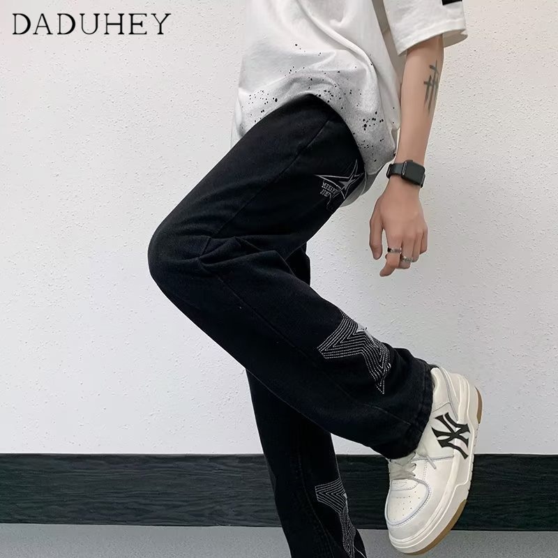 DaDuHey Men's American-Style Retro High Street Loose Jeans Fashionable All-Match Washed Straight Casual Pants