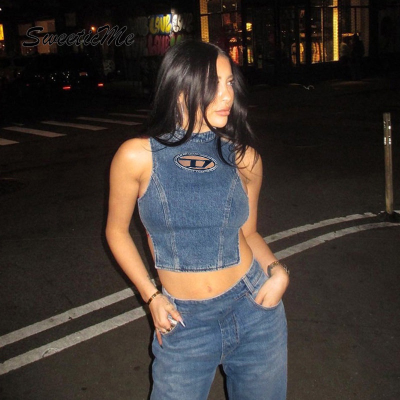 Áo Denim Hai Dây Cổ Tròn Hở Lưng Dáng Ôm Thời Trang 2023 Cho Bạn Gái