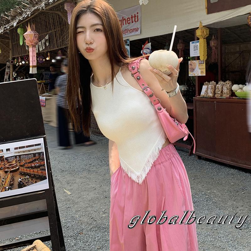 Áo Croptop Dệt Kim Không Tay Viền Tua Rua Hở Lưng Thời Trang Mùa Hè Cho Nữ